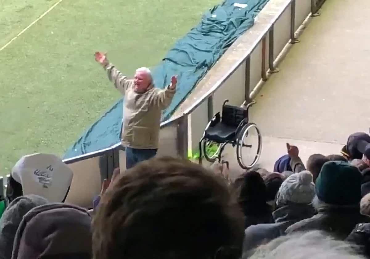 Video shows moment fan jumps out of his wheelchair to celebrate at Plymouth Argyle vs Bristol Rovers game