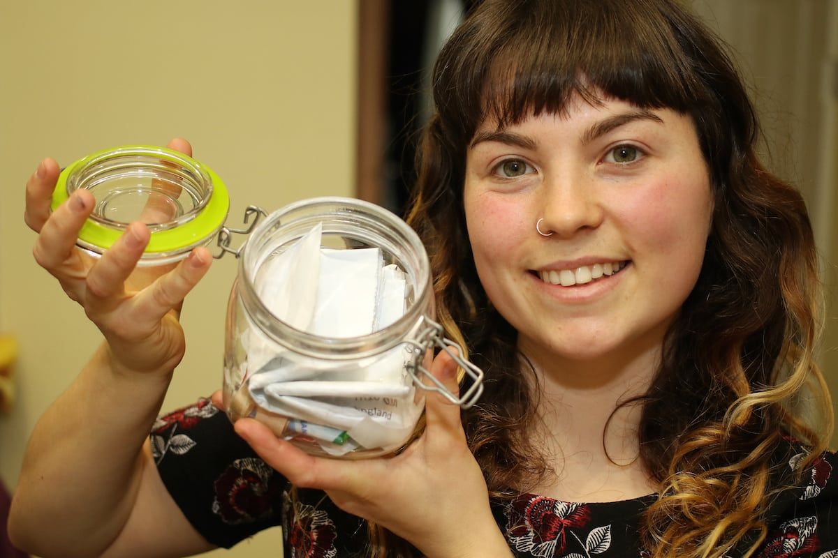 An eco-friendly woman is so green she doesn’t even own a bin – and fits all her monthly waste into a JAM JAR