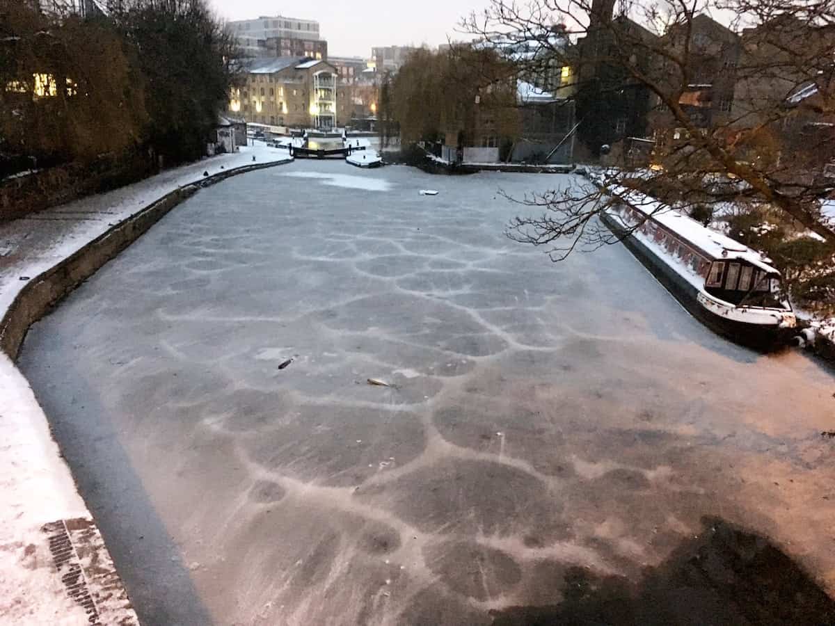 Regents Canal in London which has complertely frozen over as the temperature stays well below zero in the capital, March 1 2018