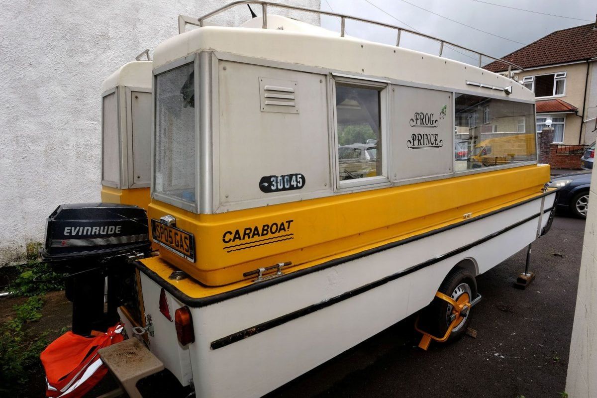 A couple have splashed out £600 on this long forgotten 1970s oddity which can travel on both land and water - called a Caraboat.  The bargain holiday home is one of just ten left in the world after all the moulds were smashed by a frustrated designer after a launch party.  Legend has it some of the Caraboats sank at the event and they were largely never seen again.