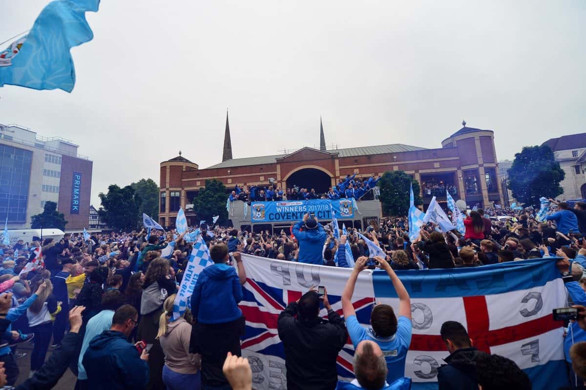 Thousands of Coventry city fans cheer bus parade to celebrate promotion