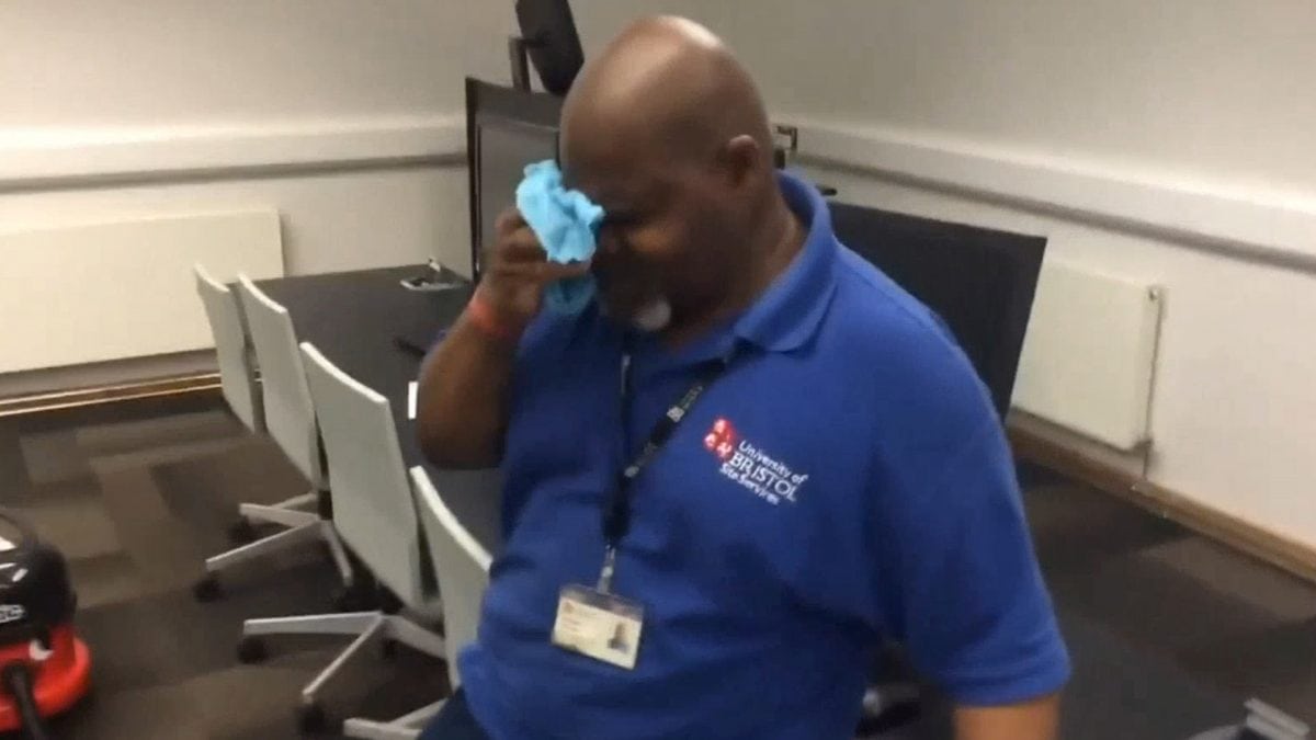 Watch – Cleaner in tears after students raise £1,500 to send him to Jamaica to see family