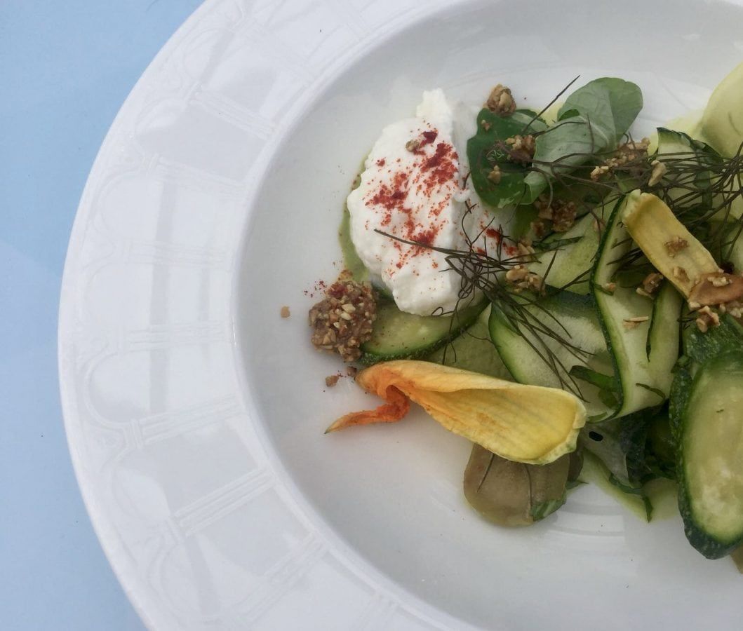London In The Sky Robin Gill's ‘Our farm’ courgette, sheep’s curd, basil, sunflower