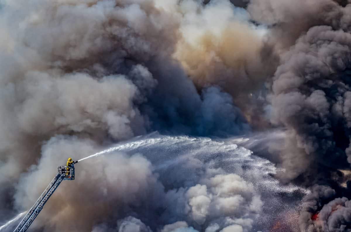 Incredible picture shows lone fireman fighting a massive blaze