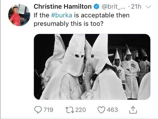Christine Hamilton dumped by charities after comparing burqas to KKK HOODS