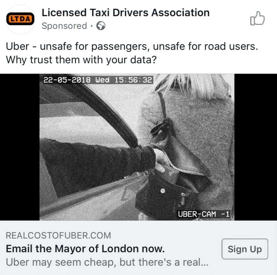 Taxi Driver Association’s Facebook ad banned for “denigrating” rivals Uber