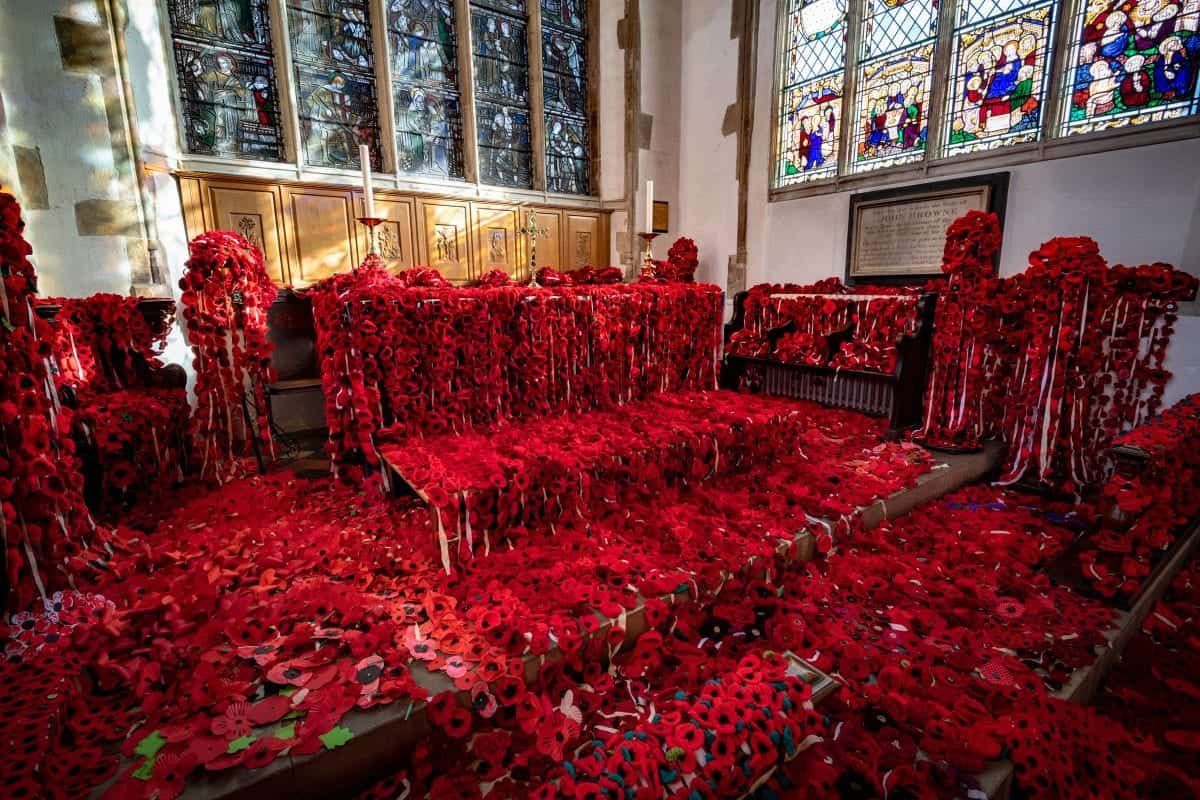 Thousands of knitted poppies displayed in church to mark WW1 centenary