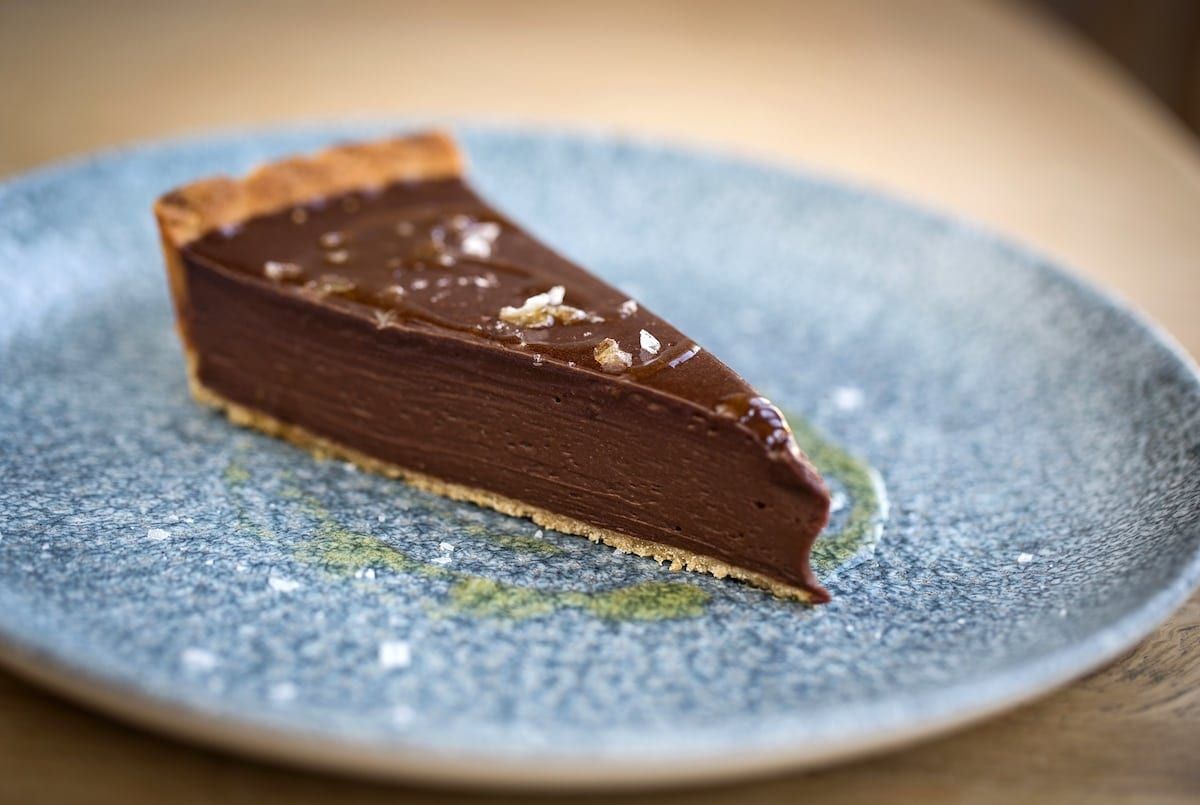 The Wife of Bath 'Bitter Chocolate Tart, Sevilano Olive Oil, Folkestone Salt'. Wye Kent