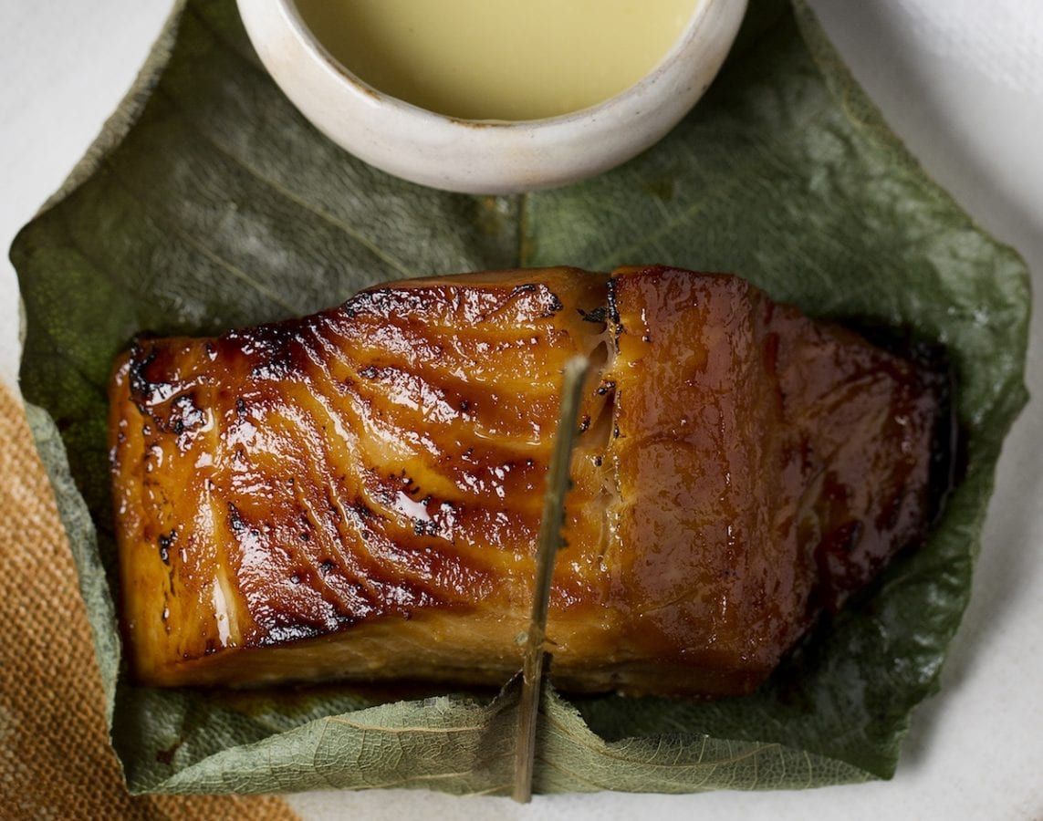 Zuma marinated black cod wrapped in hoba leaf.