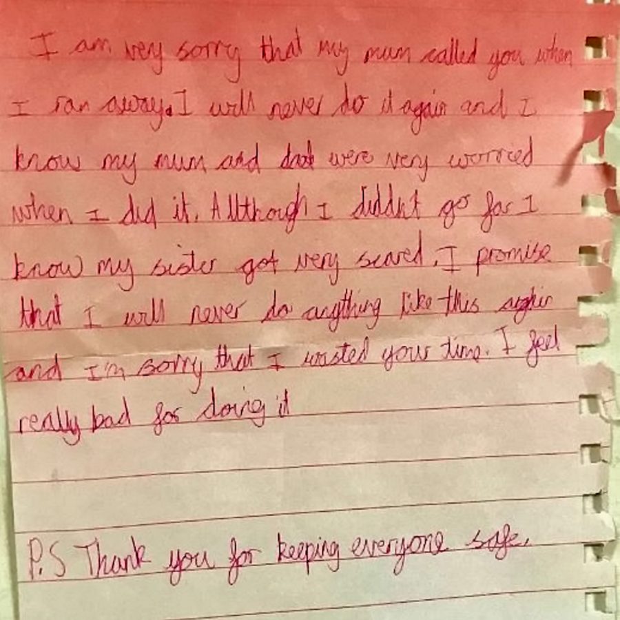 Police share letter written to them by eight-year-old girl who ran away from home
