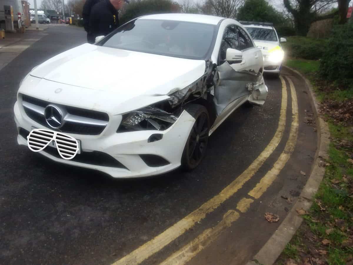 Photo of mangled Mercedes which was still being driven by an alleged drink driver