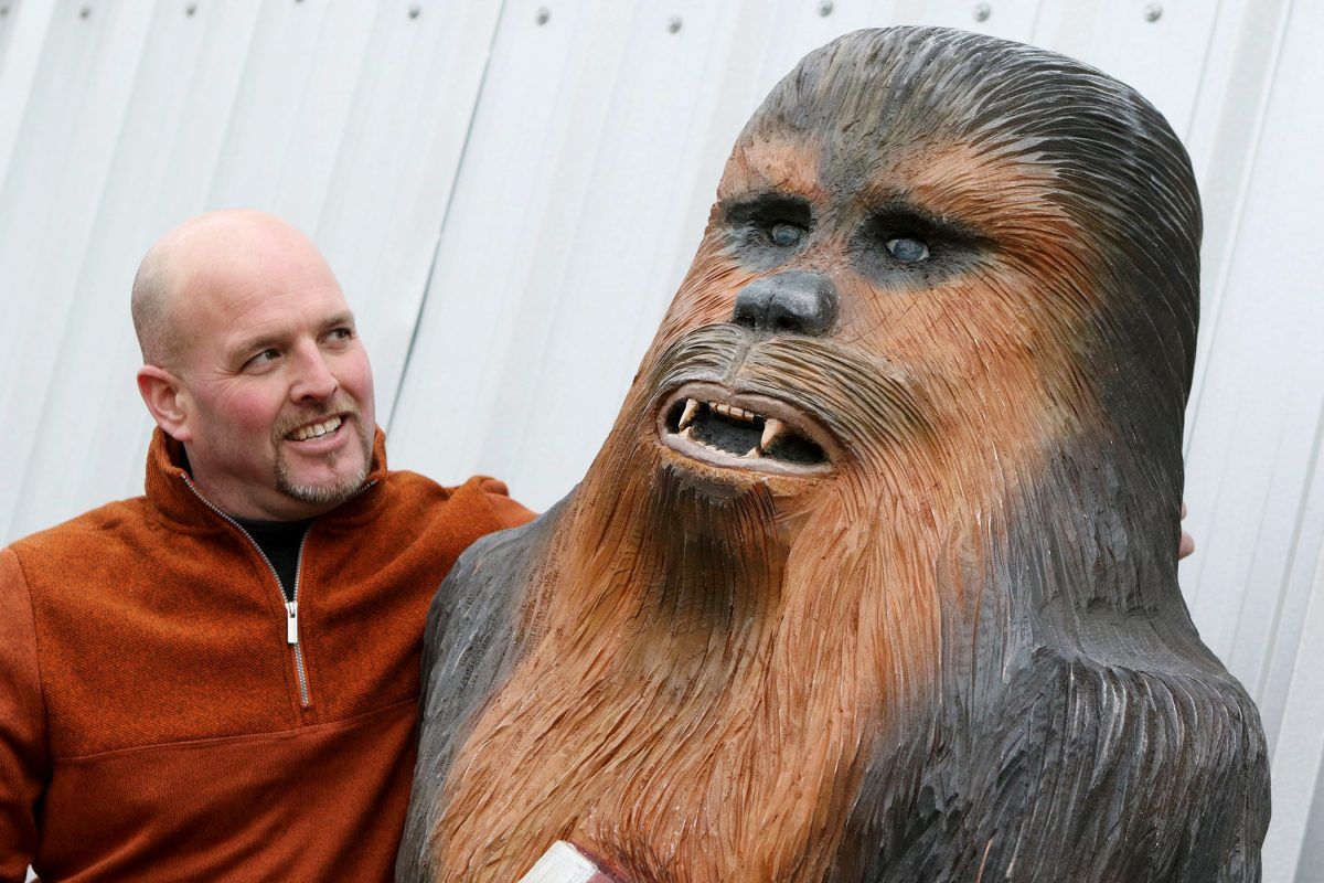 A larger-than-life of chainsaw sculpture of Chewbacca from Star Wars is up for sale