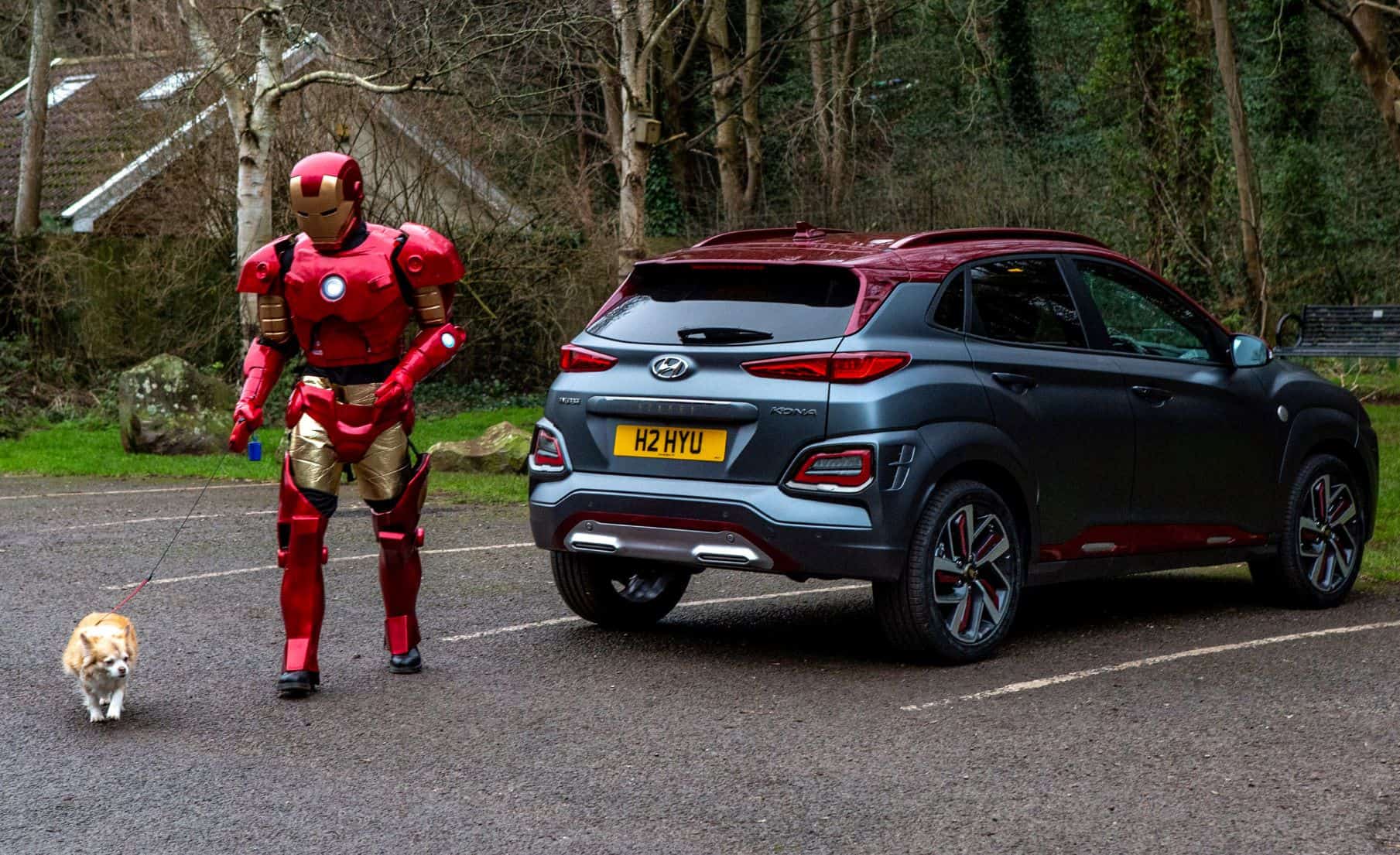 Marvel superhero spotted shopping in village high street driving new Iron Man Hyundai