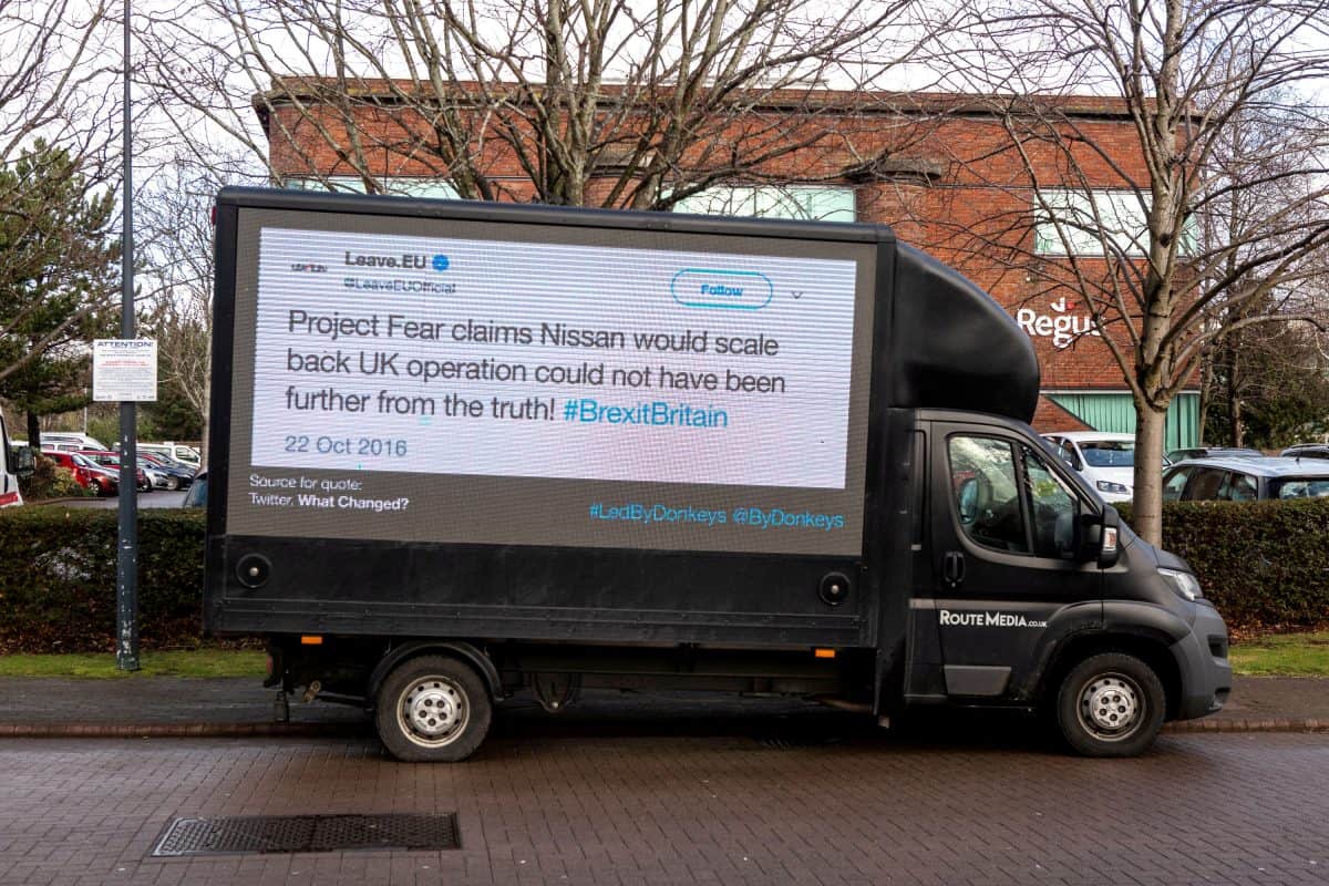 Watch – ‘Remainers’ protest van displaying historic tweets by Leave.EU parked outside campaign group’s HQ