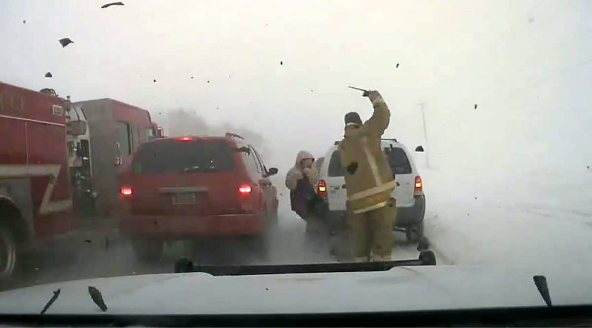 Watch – Moment a policeman had a very lucky escape after a speeding pick up slid into him