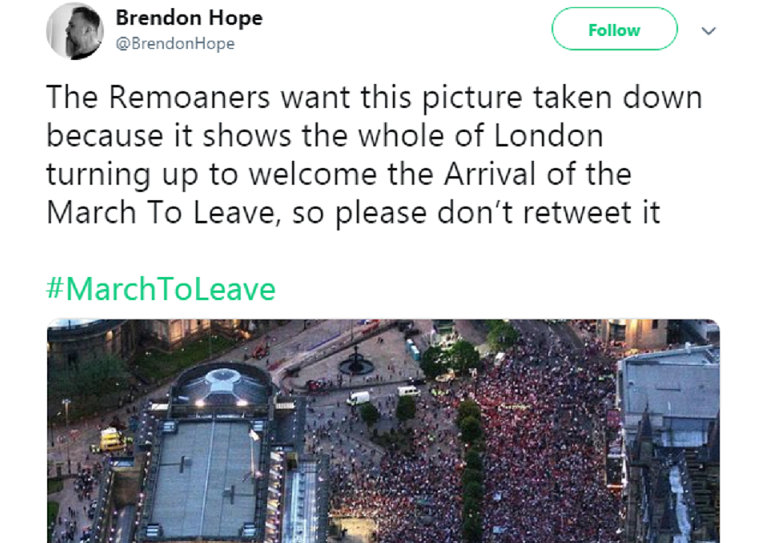 Brexiteer tries to pass pictures of Liverpool’s Champions League parade as the March to Leave protest