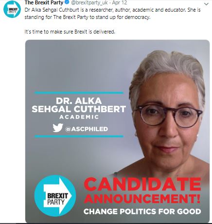 Alka Sehgal Cuthbert (c) Brexit Party / Twitter