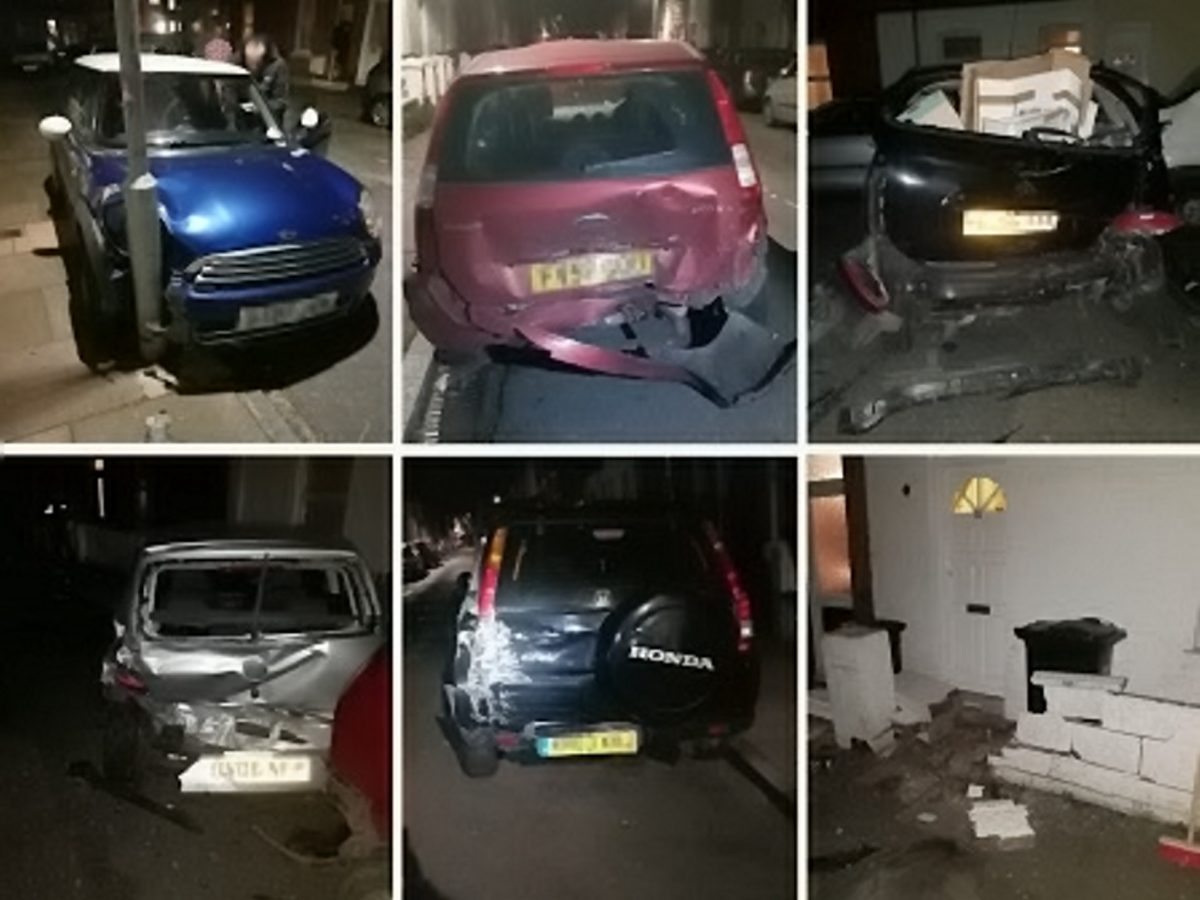 Drunk motorist banned after bashing into wall and more than a dozen parked cars