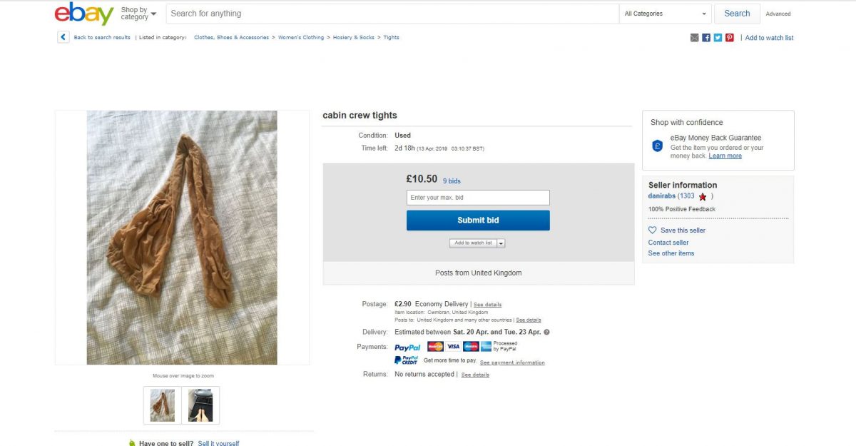 Cabin crew are flogging used uniforms including shoes and tights on eBay, it has been claimed