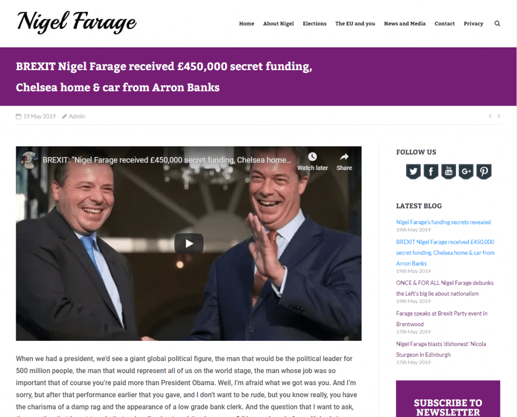 Nigel Farage’s official website publishes attacks on Nigel Farage