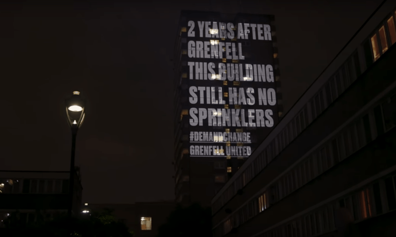 Grenfell survivors beam powerful messages onto unsafe towers to mark 2nd anniversary of the tragedy