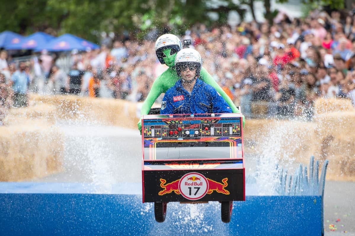 A competitor takes part in the Red Bull Soapbox Race in Alexandra Park, London (Dominic Lipinski/PA)