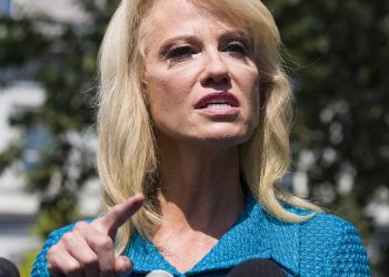 Counselor to the President Kellyanne Conway speaks with reporters at the White House, Tuesday, July 16, 2019, in Washington. (AP Photo/Alex Brandon)