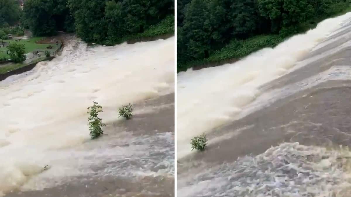 Video – Moment floodwater poured over collapsed reservoir dam just hours before town was evacuated
