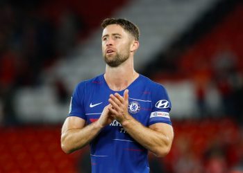 Chelsea's Gary Cahill appluads the fans after the final whistle of the Carabao Cup, Third Round match at Anfield, Liverpool.