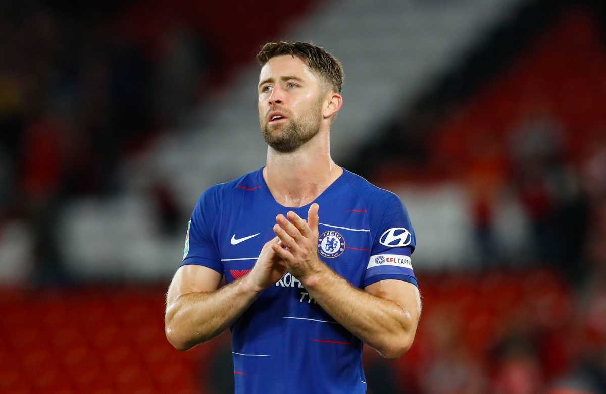 Chelsea's Gary Cahill appluads the fans after the final whistle of the Carabao Cup, Third Round match at Anfield, Liverpool.