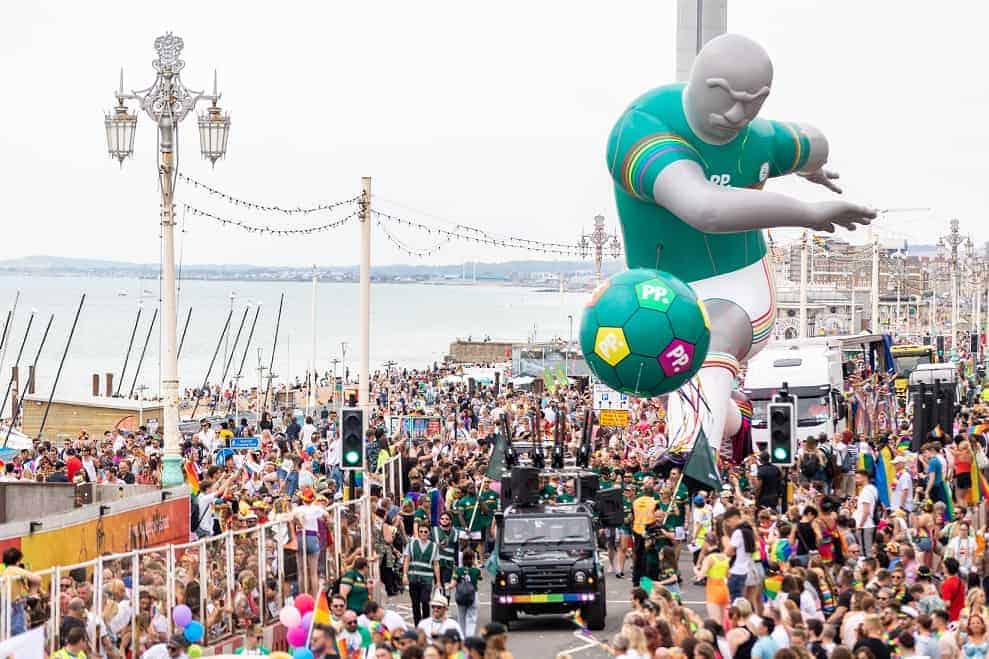 Giant inflatable footballer paraded at Brighton pride to highlight lack of LGBTQ players in the Premier League