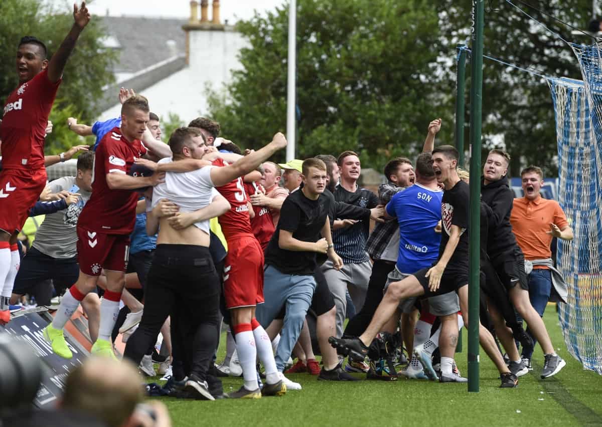 Arrests after Glasgow Rangers fans’ collapse disabled shelter during pitch invasion against Kilmarnock