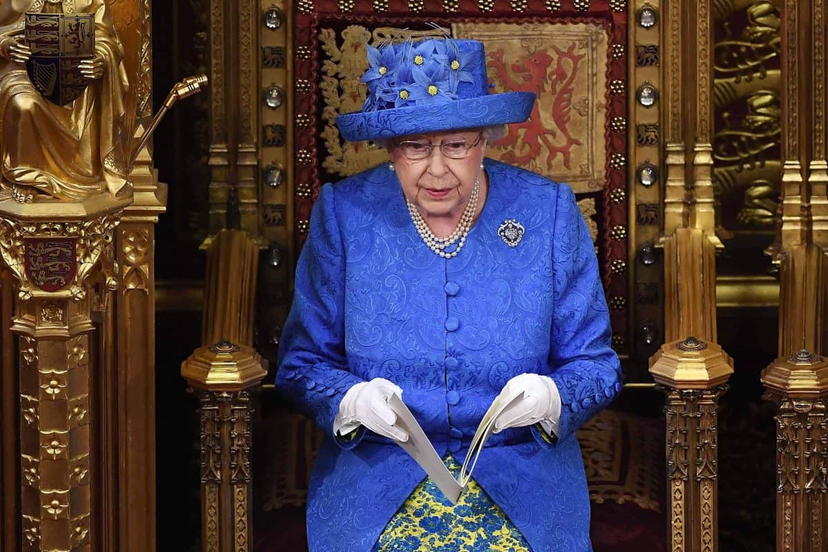 Queen Elizabeth II reading the Queen's Speech in the House of Lords for the State Opening of Parliament by Queen Elizabeth II, in the House of Lords at the Palace of Westminster in London.