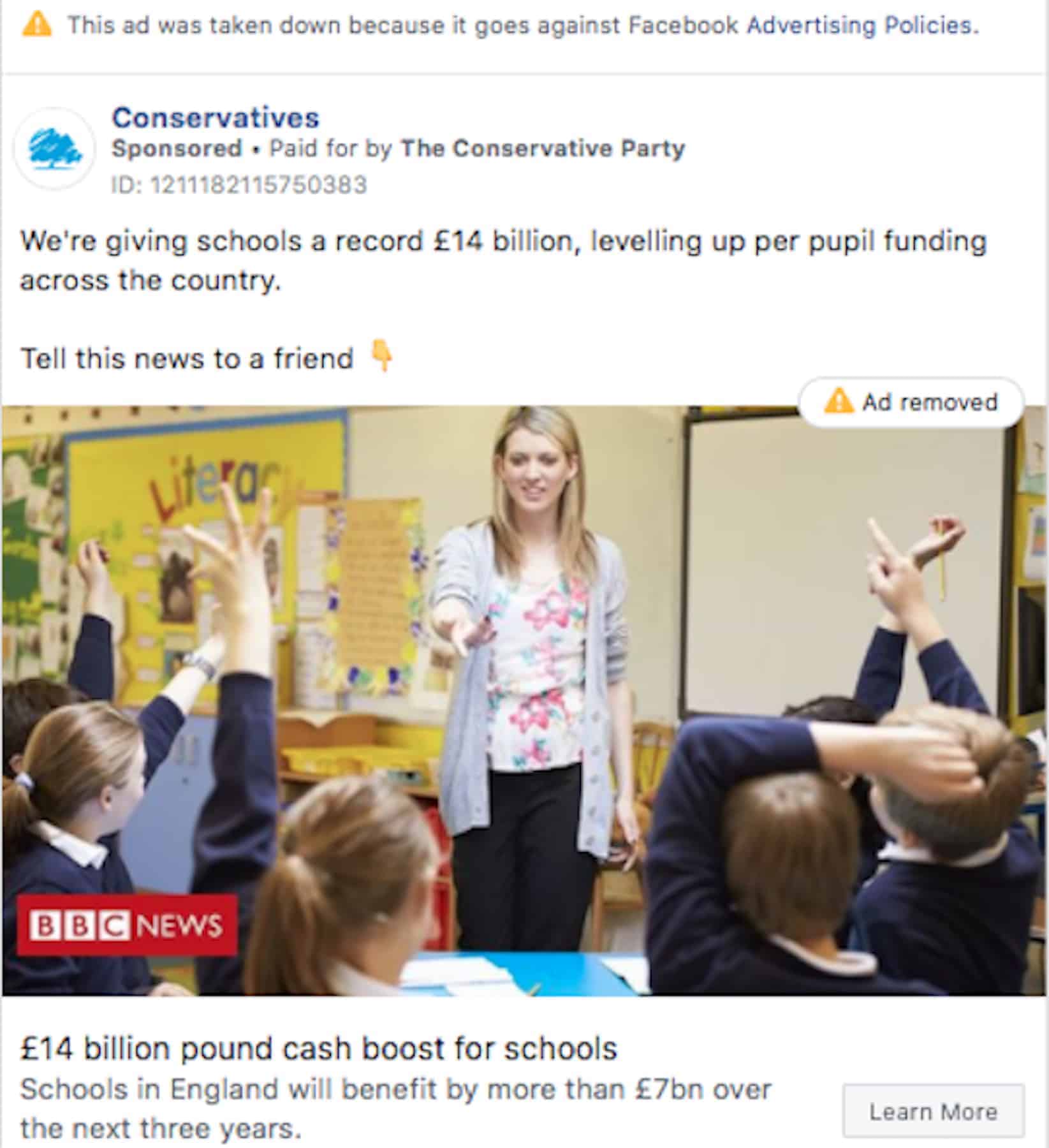 Facebook removes Conservative adverts with fake headlines