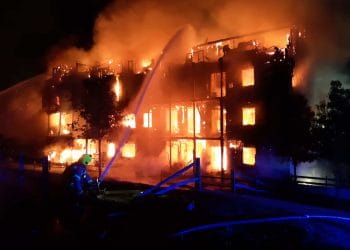 Handout photo taken from the Twitter feed of London Fire Brigade @LondonFire showing a four-storey block of flats engulfed in flames in Sherbrooke Way, Worcester Park, south-west London. A total of 20 fire engines and 125 firefighters were sent to the scene.