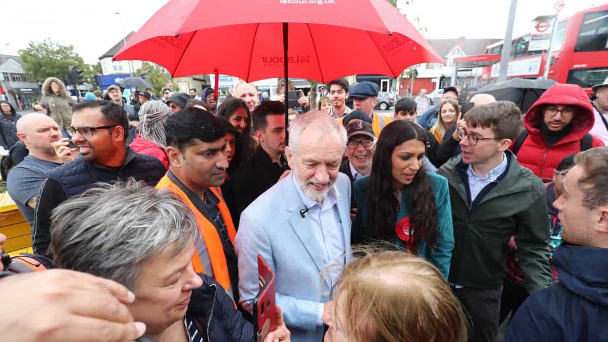 Jeremy Corbyn at a packed rally with popular local economist Faiza Shaheen in Chingford where she hopes to unseat Iain Duncan Smith (PA)