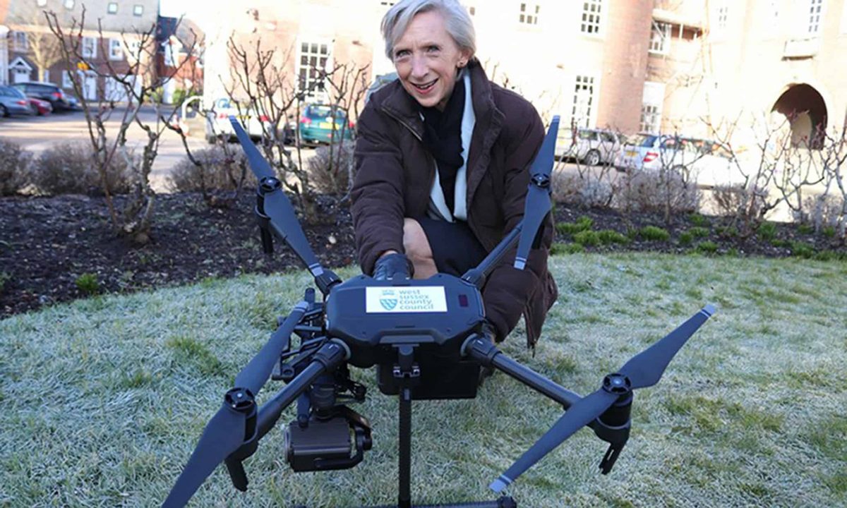 West Sussex County Council undated handout photo of their then leader Louise Goldsmith in February 2018 with the council's new drone which has cost the county council nearly £36,000 and has not flown operationally a single time since it was purchased a year and a half ago.