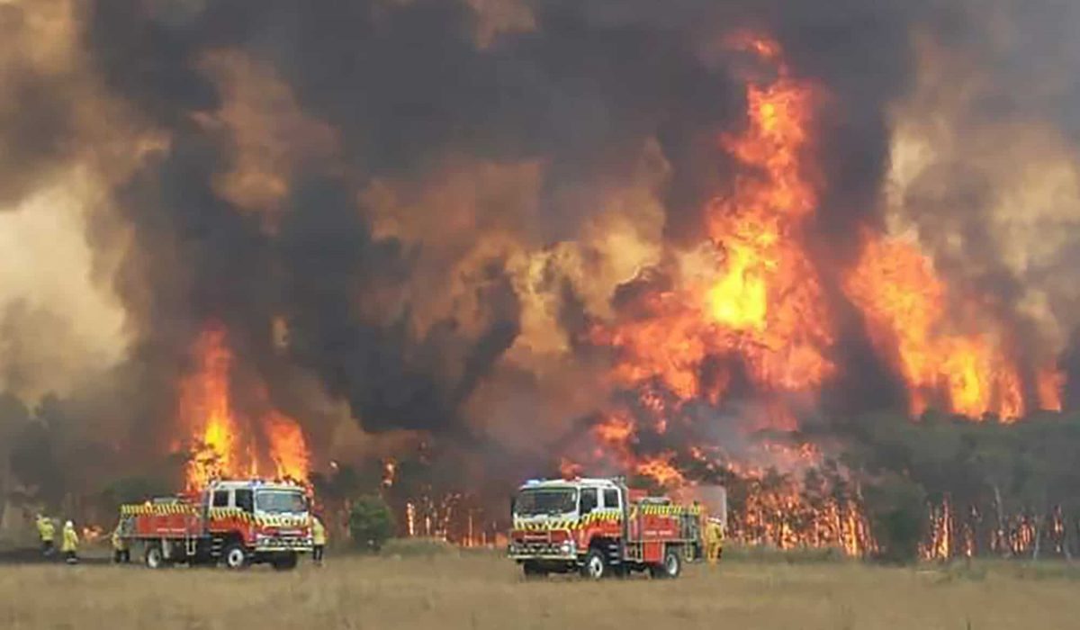 In this image dated Dec. 30, 2019, and provided by NSW Rural Fire Service via their twitter account, firefighters are seen as they try to protect homes around Charmhaven, New South Wales. Wildfires burning across Australia's two most-populous states Tuesday trapped residents of a seaside town in apocalyptic conditions, destroyed many properties and caused fatalities. (Twitter@NSWRFS via AP)