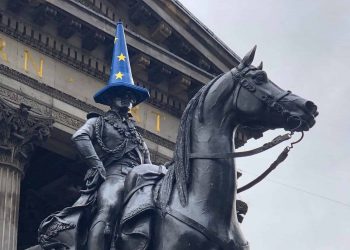A cone covered with an EU flag on the Duke of Wellington statue in Glasgow. Credit;PA
