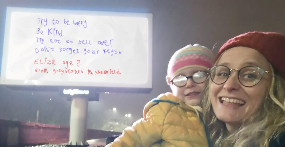 Mum given note from daughter urging people to “be kind” got it displayed on billboard
