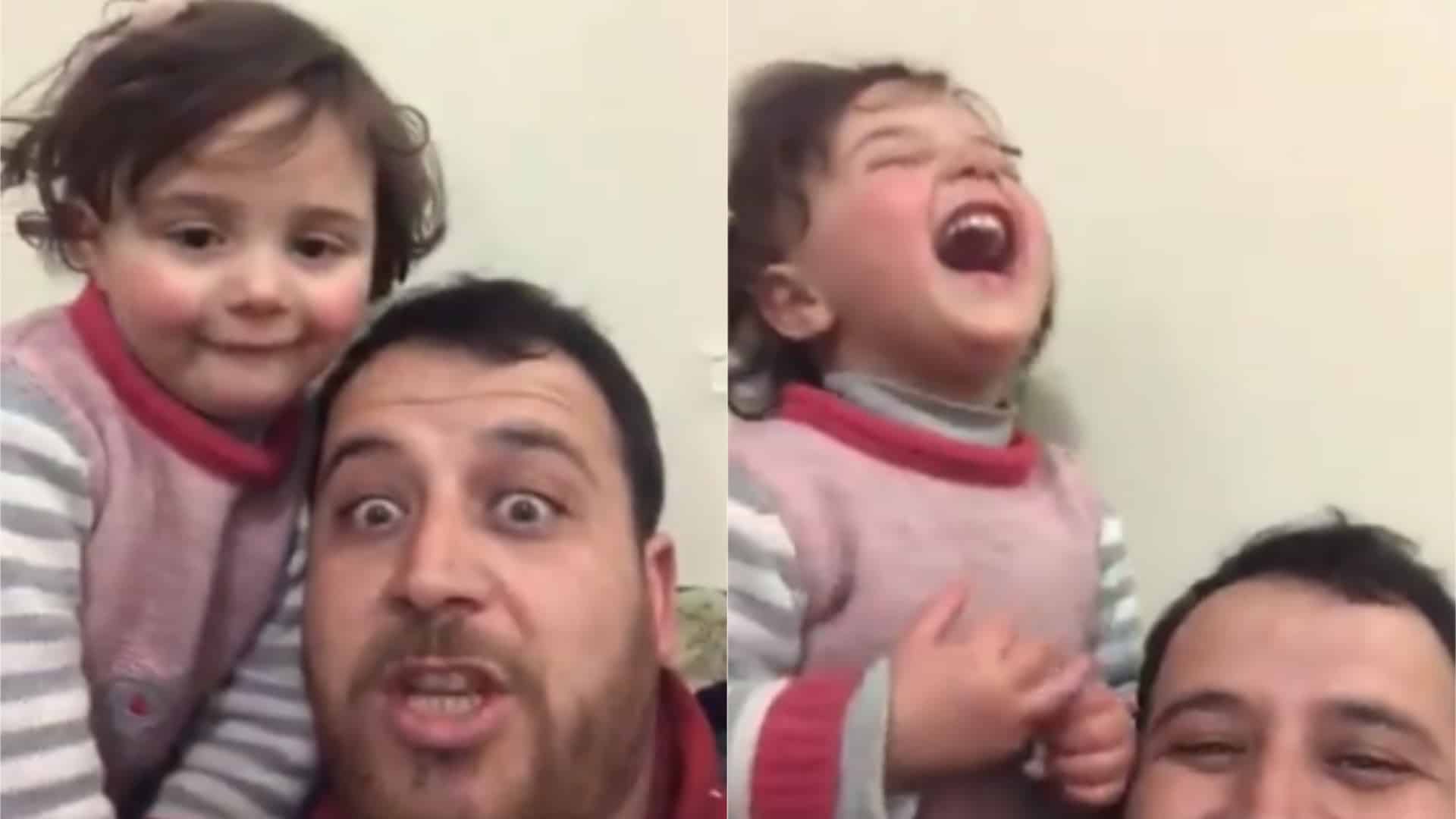 Syrian father teaches four-year-old daughter to laugh when bombs falls outside