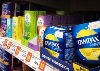 Sanitary products and tampons on sale in a Glasgow supermarket.