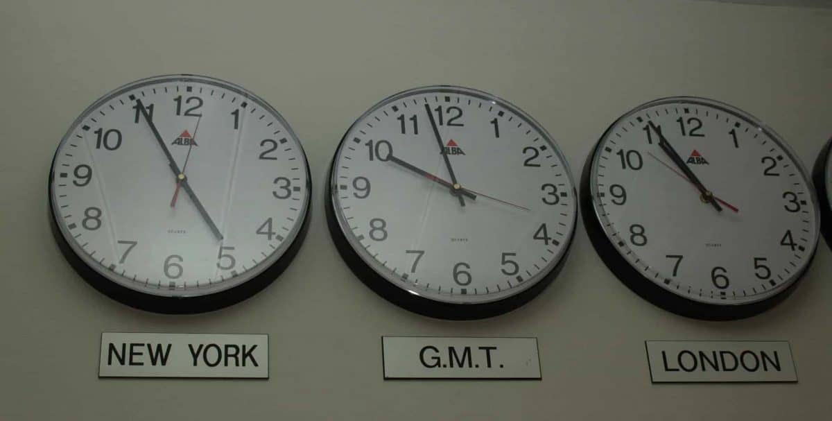 A row of clocks showing the time in different time zones such as New York and London.