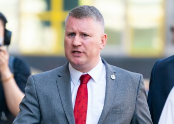 Britain First leader Paul Golding arrives at Westminster Magistrates' Court in London where he denies one count of willfully failing to comply with duty imposed by Schedule 7 under the Terrorism Act in not providing the passcodes to his electronic devices when asked when returning to the UK at Heathrow Terminal 4.