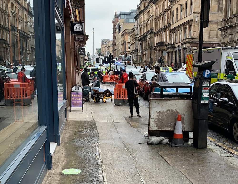 Photo taken with permission from the Twitter feed of @Milroy1717 of emergency services presence in West George Street, Glasgow, as a serious police incident has closed roads in the city centre.