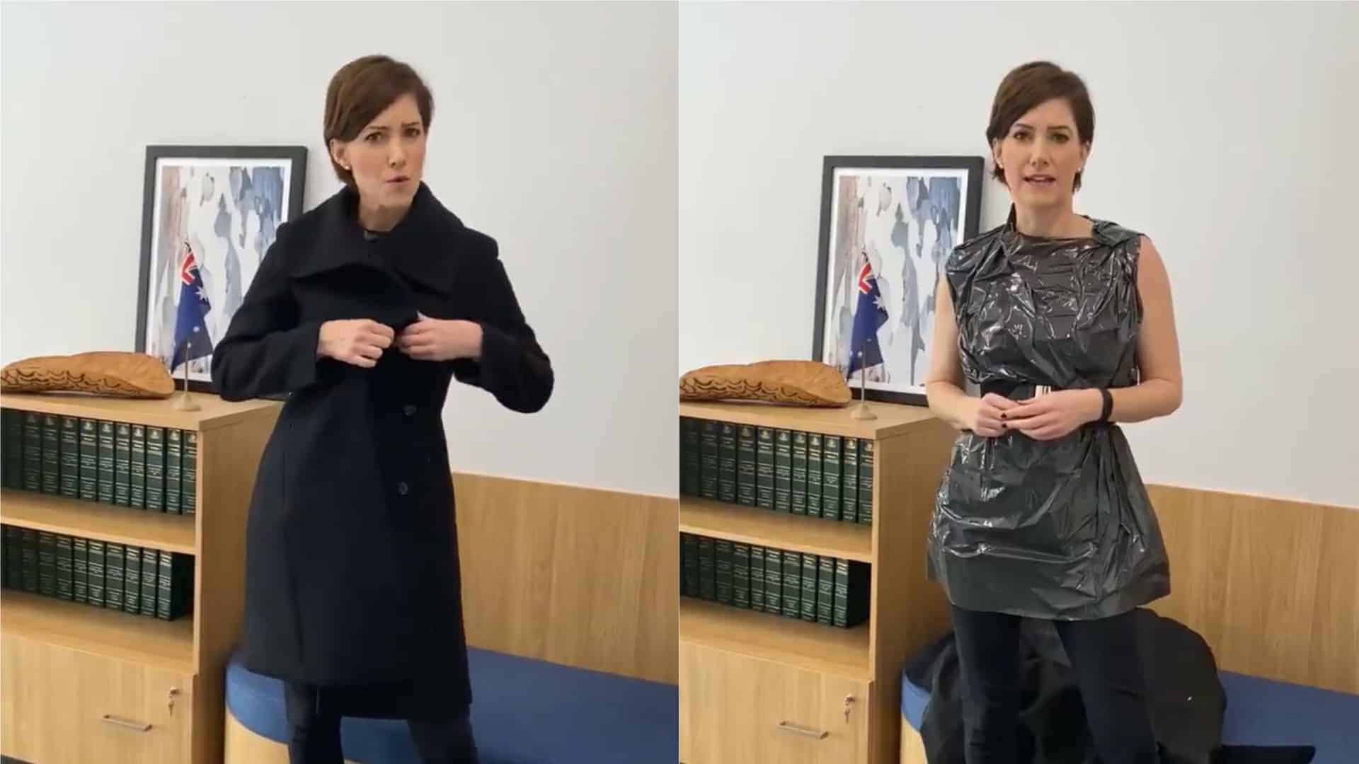 Australian MP wears bin bag in response to her critics’ ‘sexist garbage’
