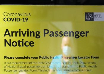 A notice for arriving passengers regarding the Covid-19 Passenger Locator Form at Terminal 2 in Dublin Airport as a requirement for people arriving in Ireland from overseas to alert the authorities where they will be self isolating has come into effect.