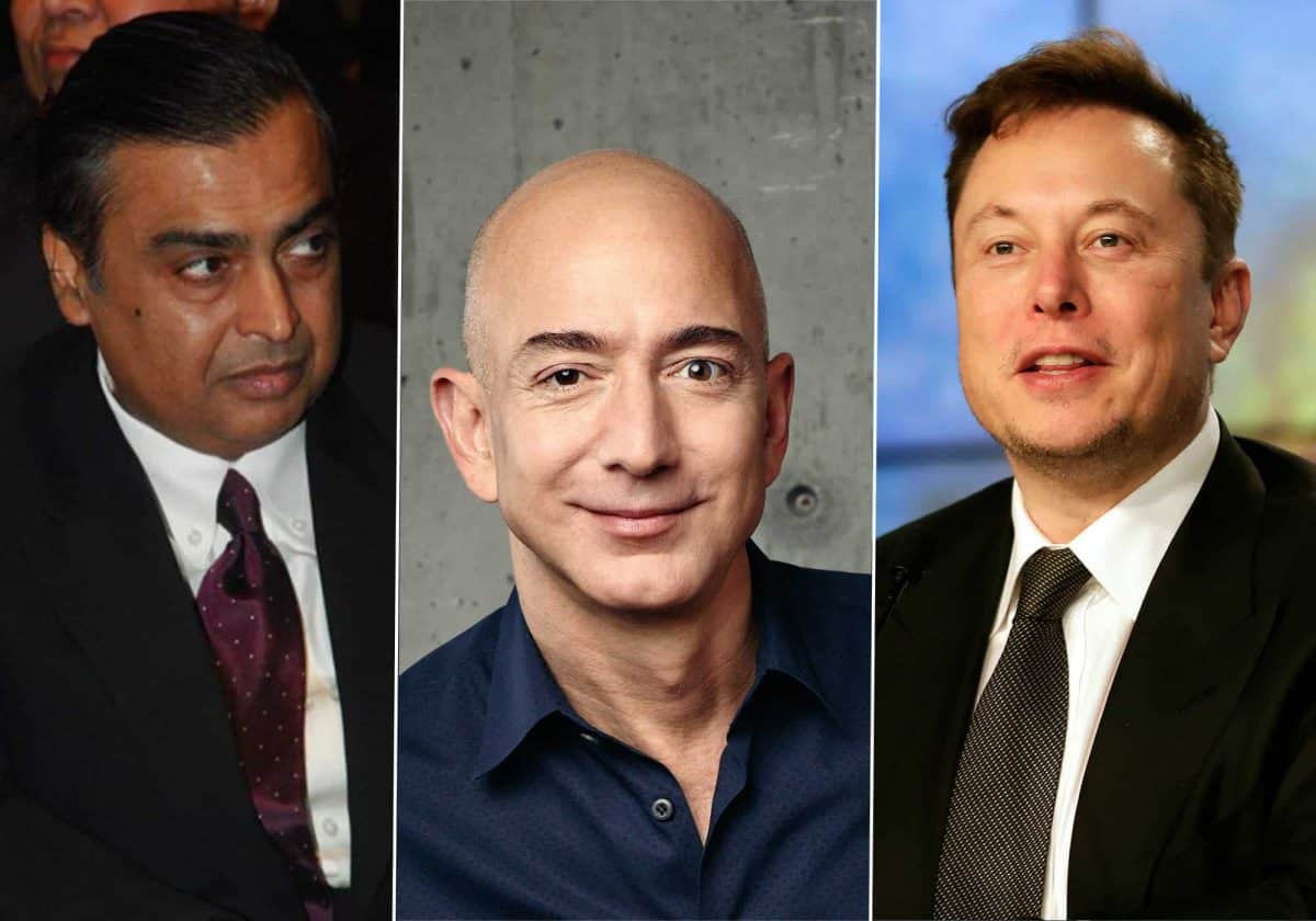 (L-R): Mukesh Ambani; Jeff Bezos; Elon Musk