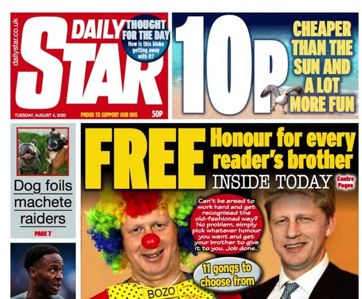 Daily Star mocks Boris with ‘honour for every brother’ front page
