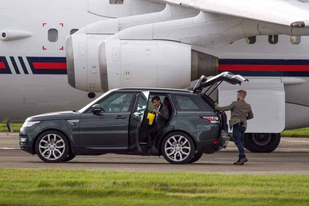 Rishi Sunak MP departs on a private jet plane after visiting Scotland. Credit SWNS